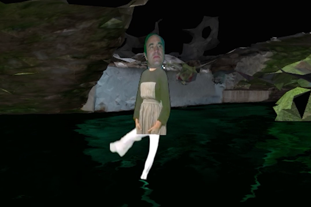 Screenshot of a video of a dancing man on a black lake amoungst a disintegrating lanscape