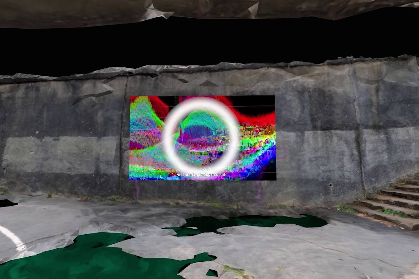 Screenshot of a video of the vibrant flashing colours and symbols against the backdrop of underpass concrete wall