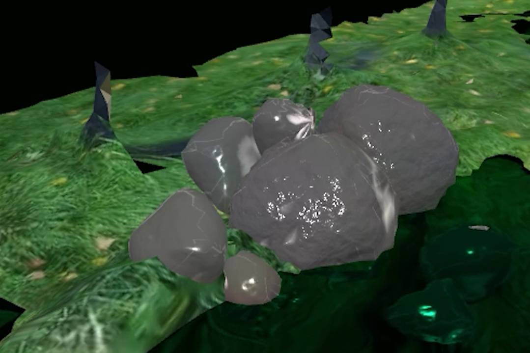 Screenshot of metalic reflective organisms attached to grass and floating in black water