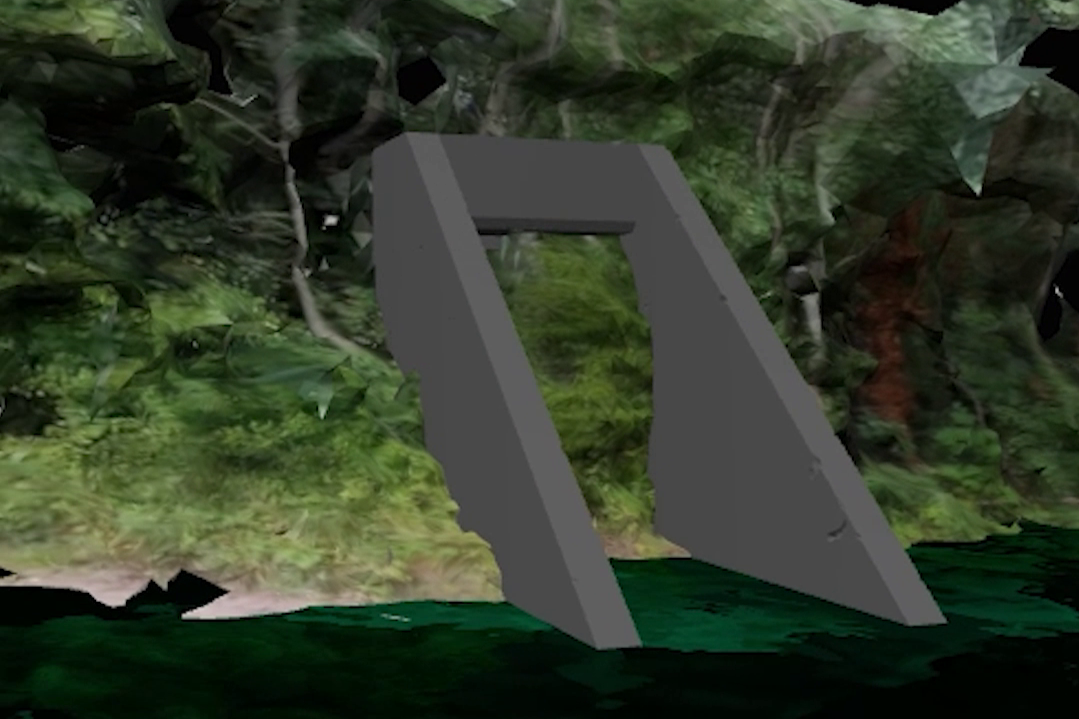 Screenshot of half build grey door frame wedged into thick trees and foliage