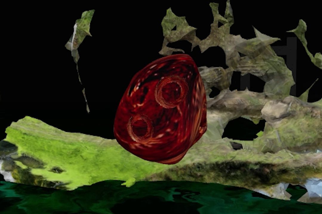 Screenshot of red spinning techo-mineral floating above black water next to disintegrating landscape and foliage