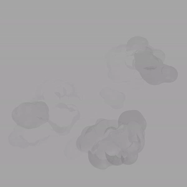 A 3D model of a group of translucent clouds rotating in a foggy grey sky