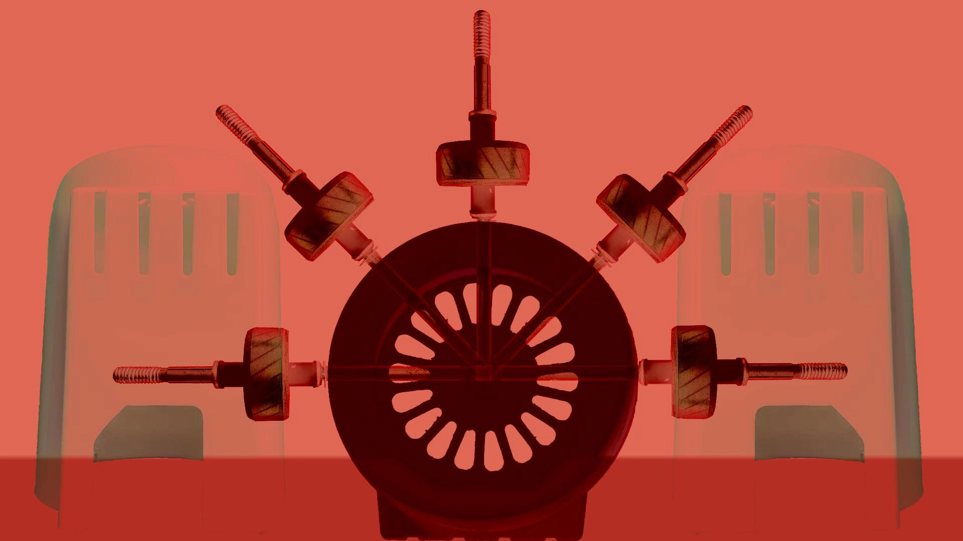 Eternal Engine, 2020 Screenshot from Eternal Engine, a red circular machine with pumps. There is two cyclindrical towers in the background flanking the machine