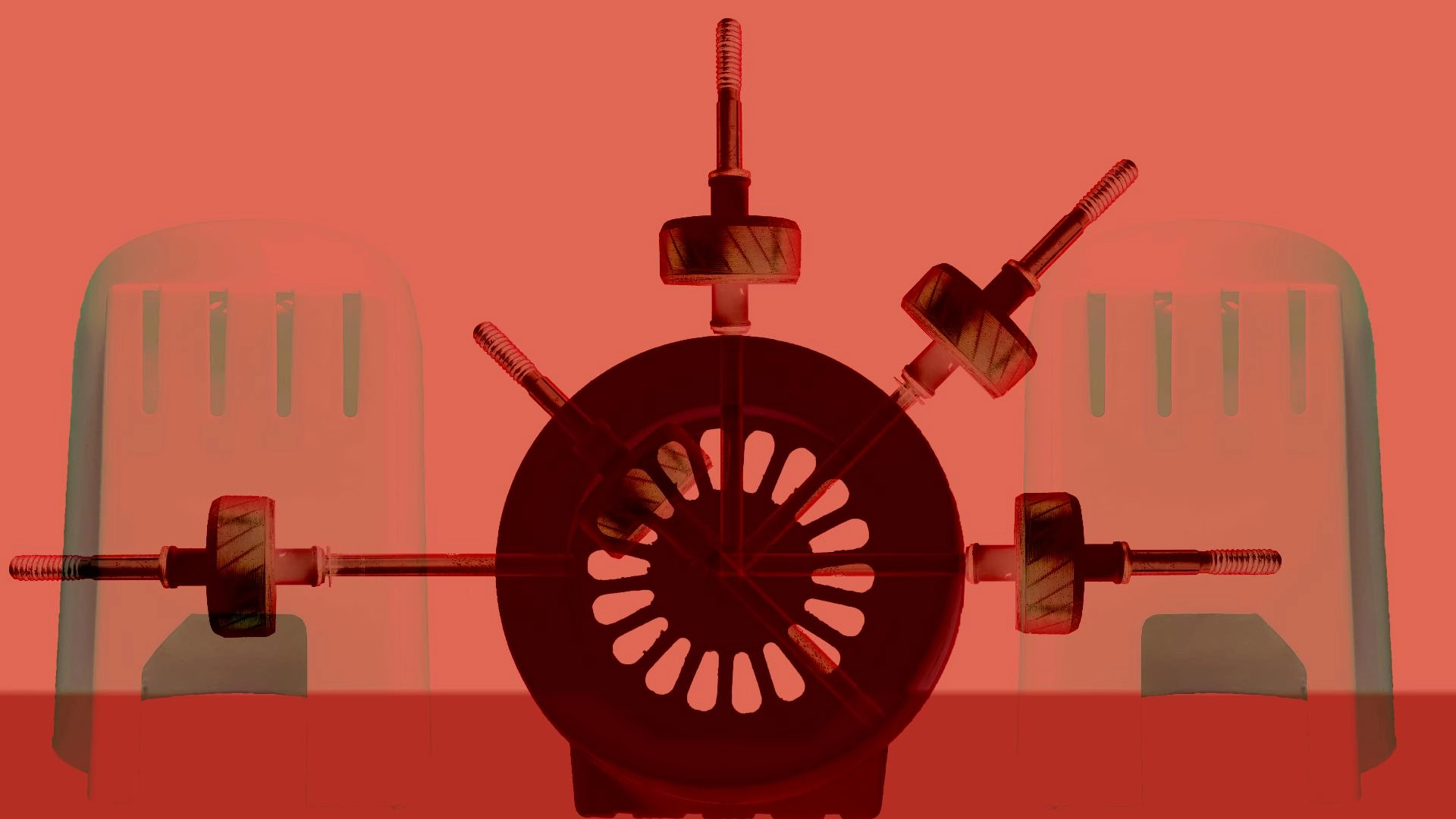 Eternal Engine, 2020 Screenshot from Eternal Engine, a red circular machine with pumps. There is two cyclindrical towers in the background flanking the machine