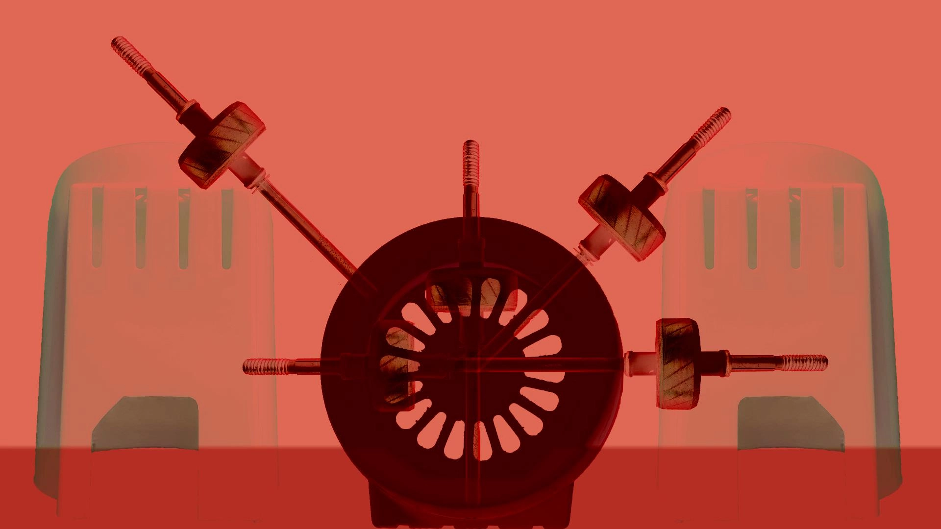 Eternal Engine, 2020 Screenshot from Eternal Engine, a red circular machine with pumps. There is two cyclindrical towers in the background flanking the machine