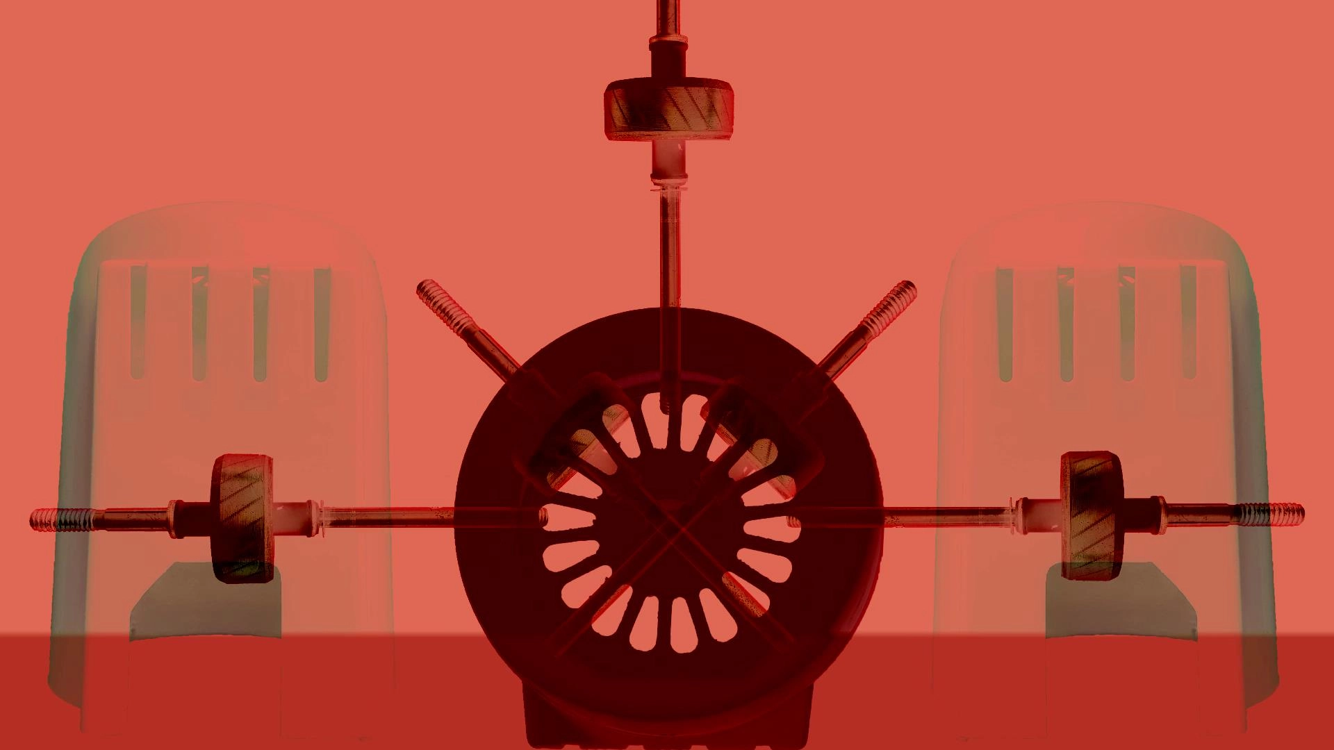 Eternal Engine, 2020 Screenshot from Eternal Engine, a red circular machine with pumps. There is two cyclindrical towers in the background flanking the machine