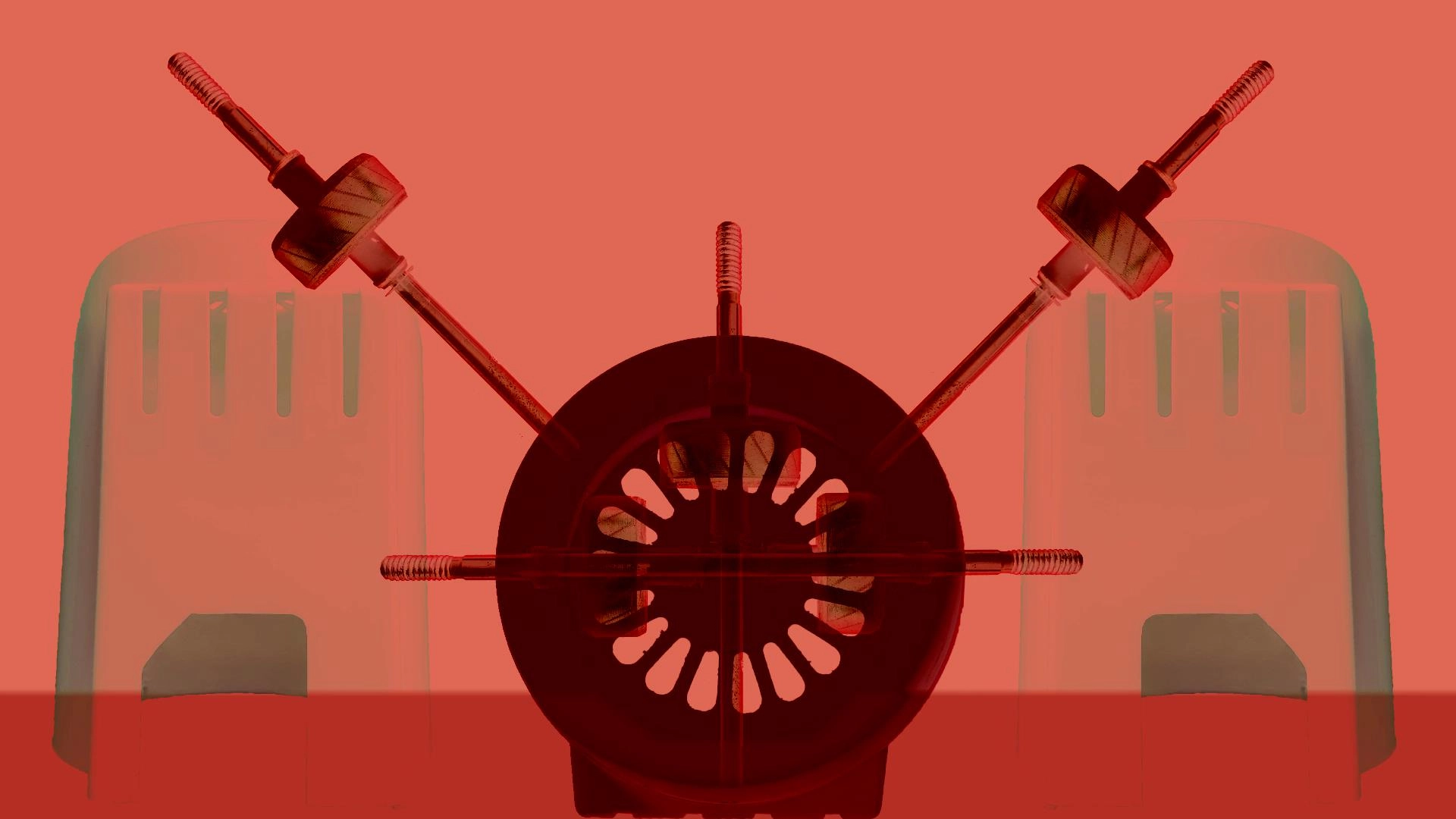 Eternal Engine, 2020 Screenshot from Eternal Engine, a red circular machine with pumps. There is two cyclindrical towers in the background flanking the machine