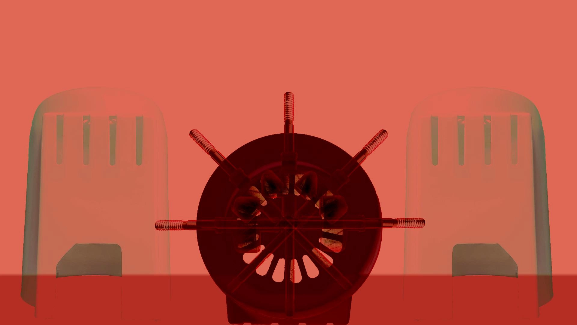 Eternal Engine, 2020 Screenshot from Eternal Engine, a red circular machine with pumps. There is two cyclindrical towers in the background flanking the machine